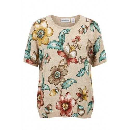 Vtg Grandmacore Sweater Women Xl Beige Floral Short Sleeve Knit Cottage